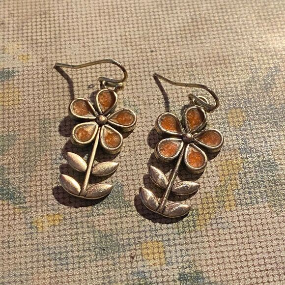 Tiny Gold and Orange Color Flower Earrings - Picture 2 of 5